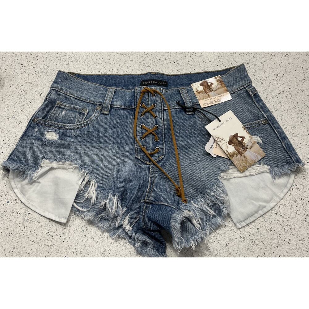 NWT SINCERELY JULES Low Rise Shorts Women 1/25 Blue Denim Lace Up Front Raw Hem